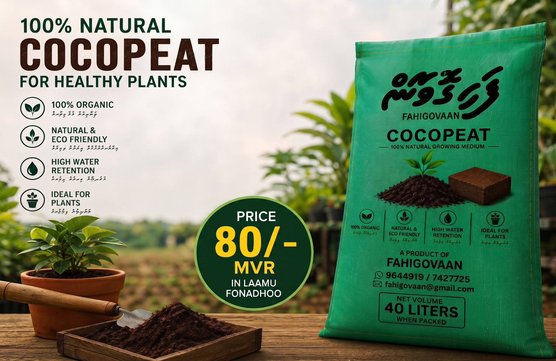 Fahigovaan advertisement: a green bag of 100% natural cocopeat growing medium in a garden, priced at MVR 80