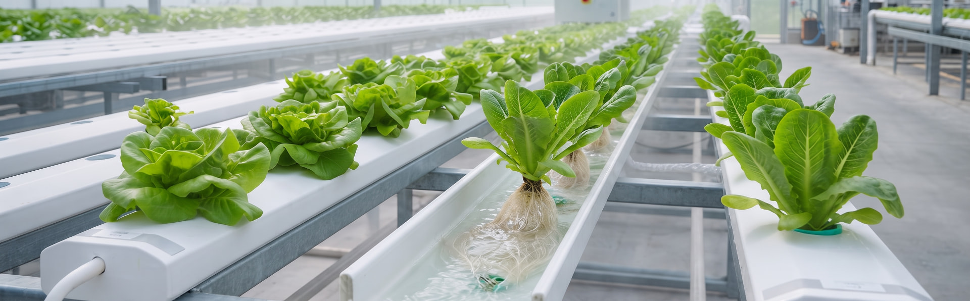 Rows of leafy greens growing in Fahigovaan's hydroponic farm troughs